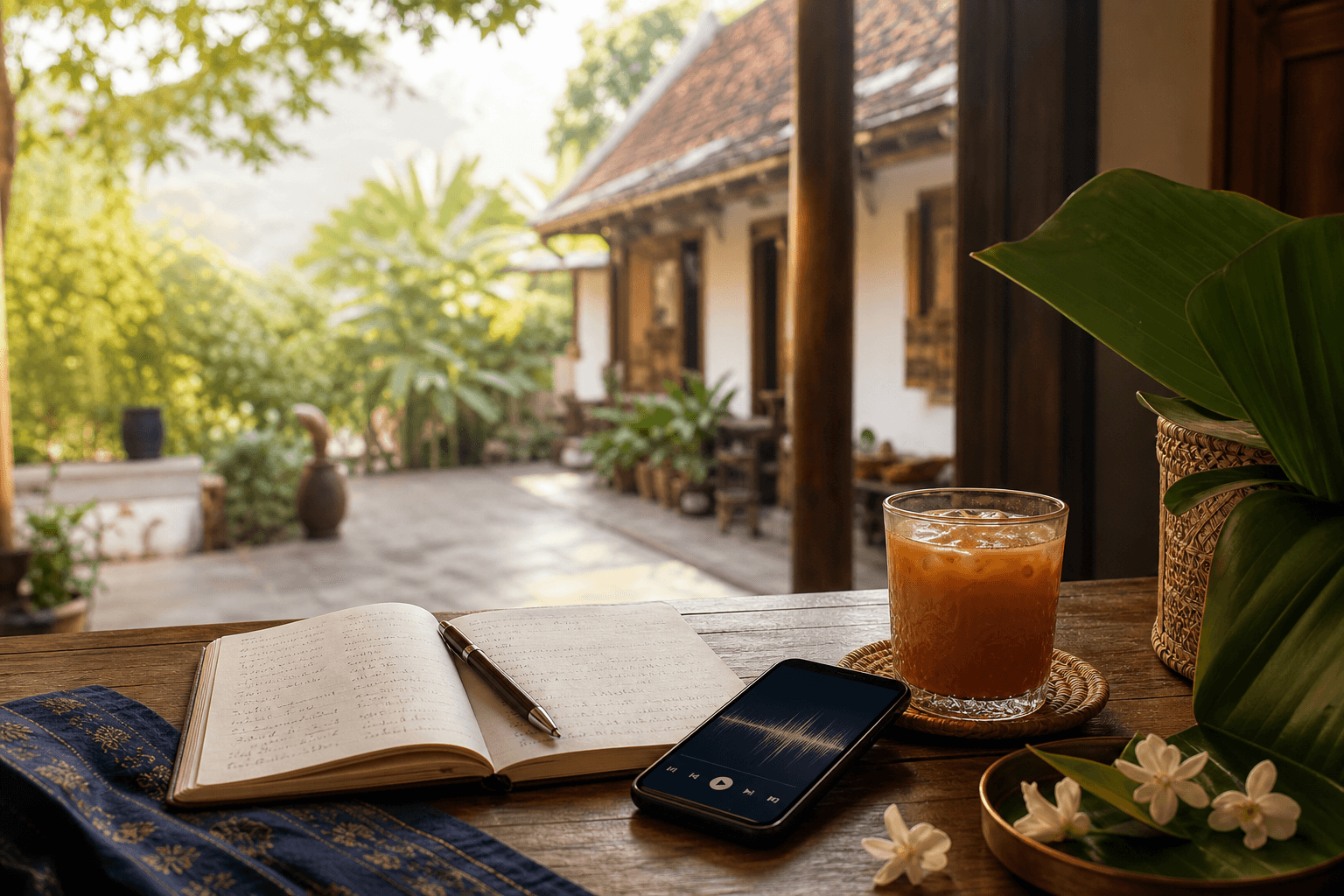 Notebook, Thai tea, and audio practice setup for learning Thai in a warm local setting